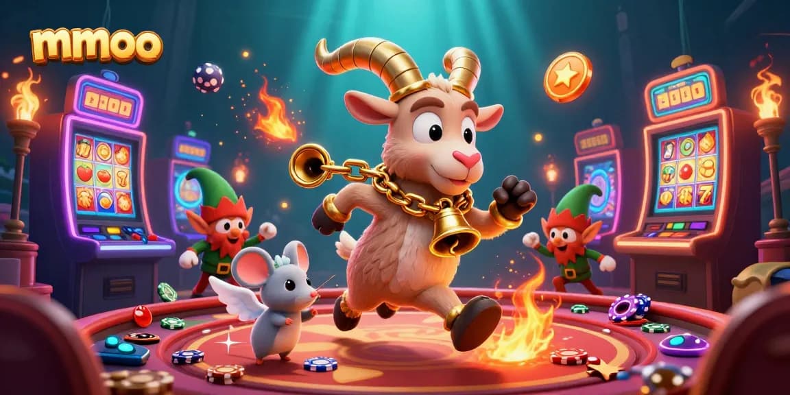 Witness mmoo's festive casino chaos with a Krampus goat controlling fun, animated slot elements surrounding them.