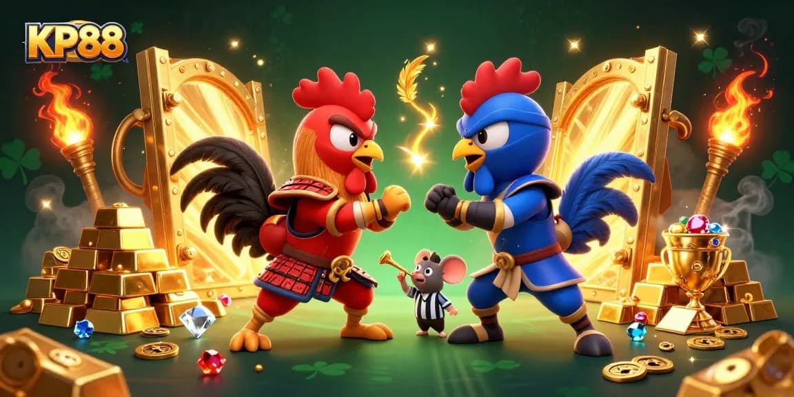 KP88's thrilling chicken fight scene showcases energetic roosters amidst a golden treasure trove.