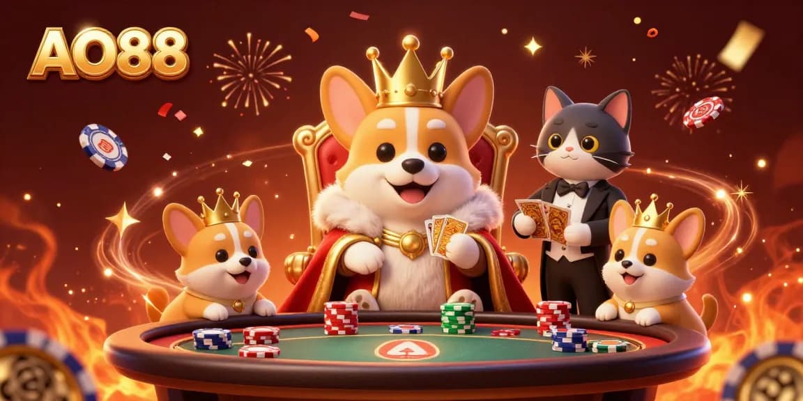 Enjoy thrilling gameplay at AO88 with royal corgis welcoming players to an exciting casino experience.