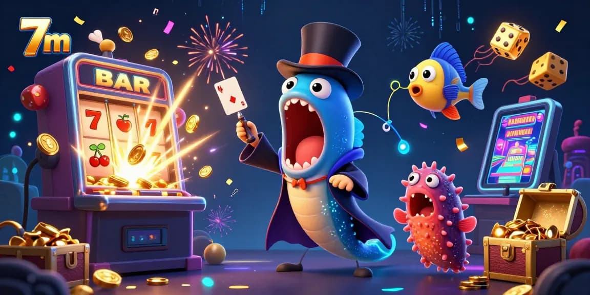 Experience thrilling 7m casino action with a bioluminescent eel and dynamic slot machine in a vibrant, magical scene.
