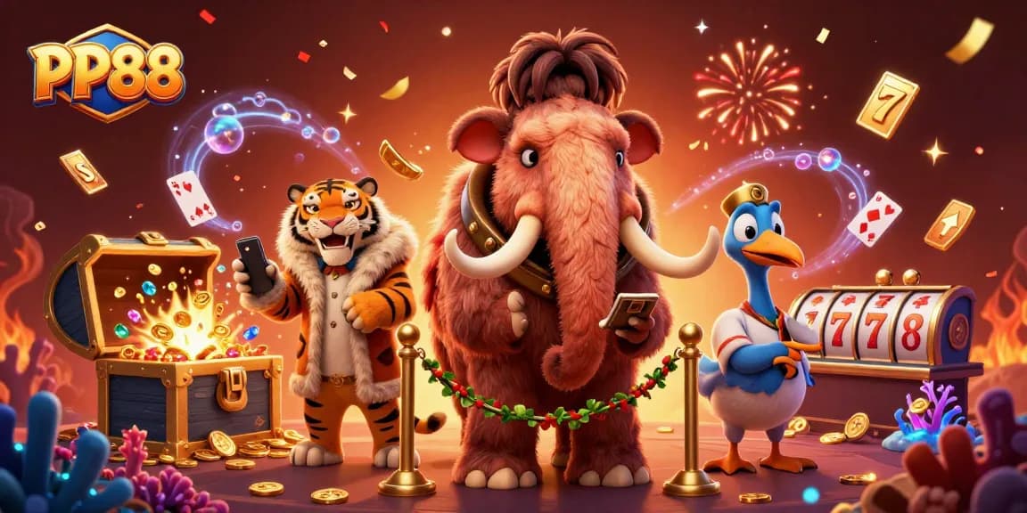 Experience excitement with PP88 at the casino featuring festive characters and vibrant gaming elements.