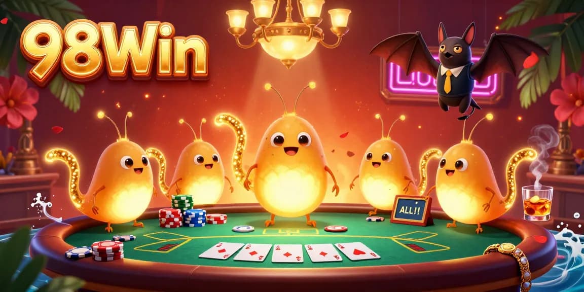 Engage in exceptional gameplay at 98Win, experiencing vibrant casino action with colorful poker chips and characters.