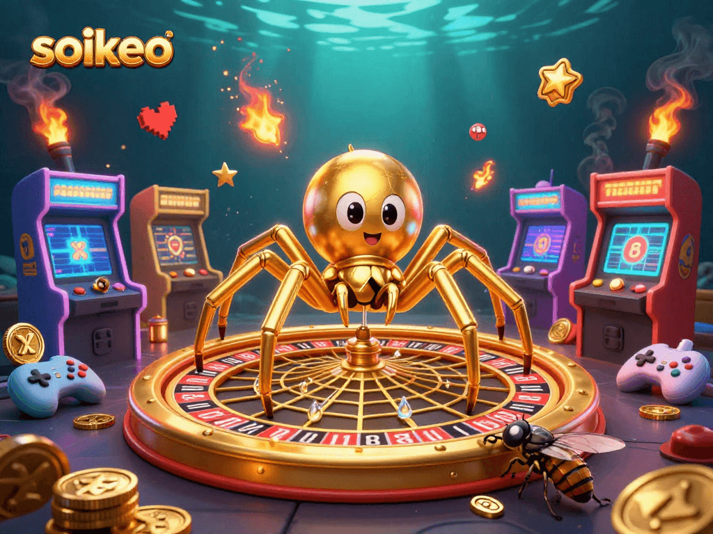 Engage in exciting gaming with Soikeo, featuring a spider spinning a roulette wheel web.