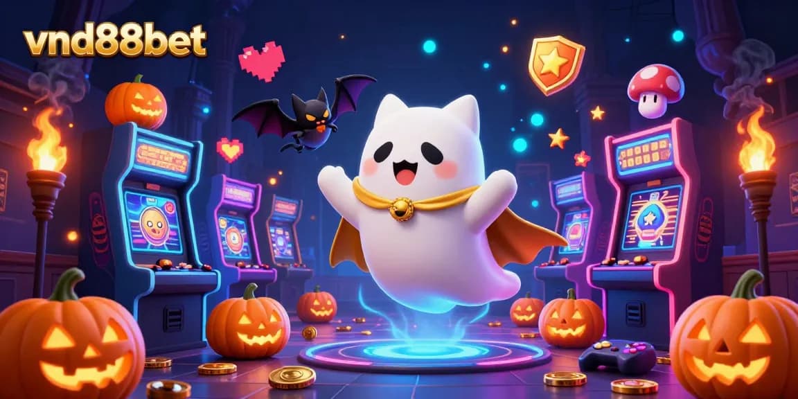 Play vibrant games with vnd88bet, showcasing a friendly ghost cat, vampire bat, and glowing pumpkins in a haunted casino.