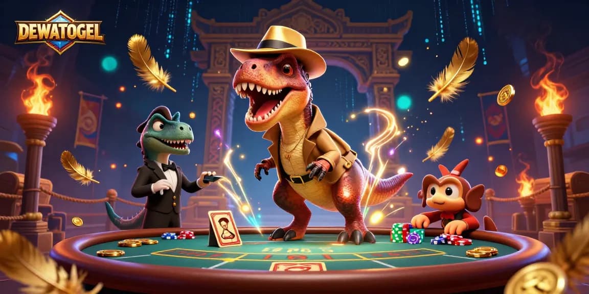 Experience thrilling gameplay at DEWATOGEL with cartoon dinosaurs in a vibrant casino scene.