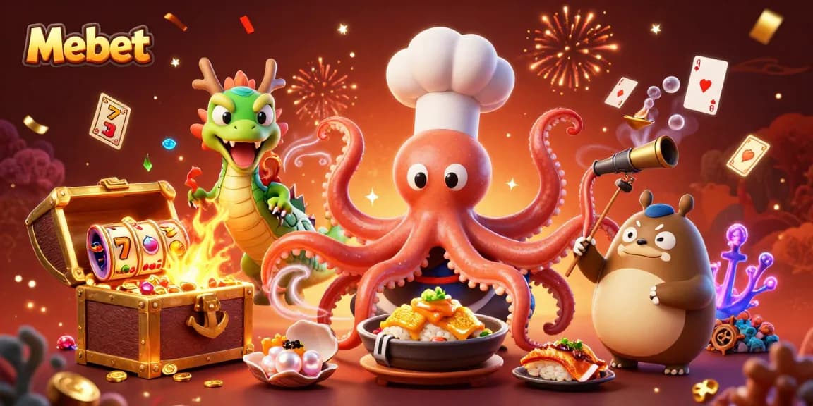 Mebet showcases an exciting casino scene with a sushi chef octopus and dragon amidst dynamic slot elements.