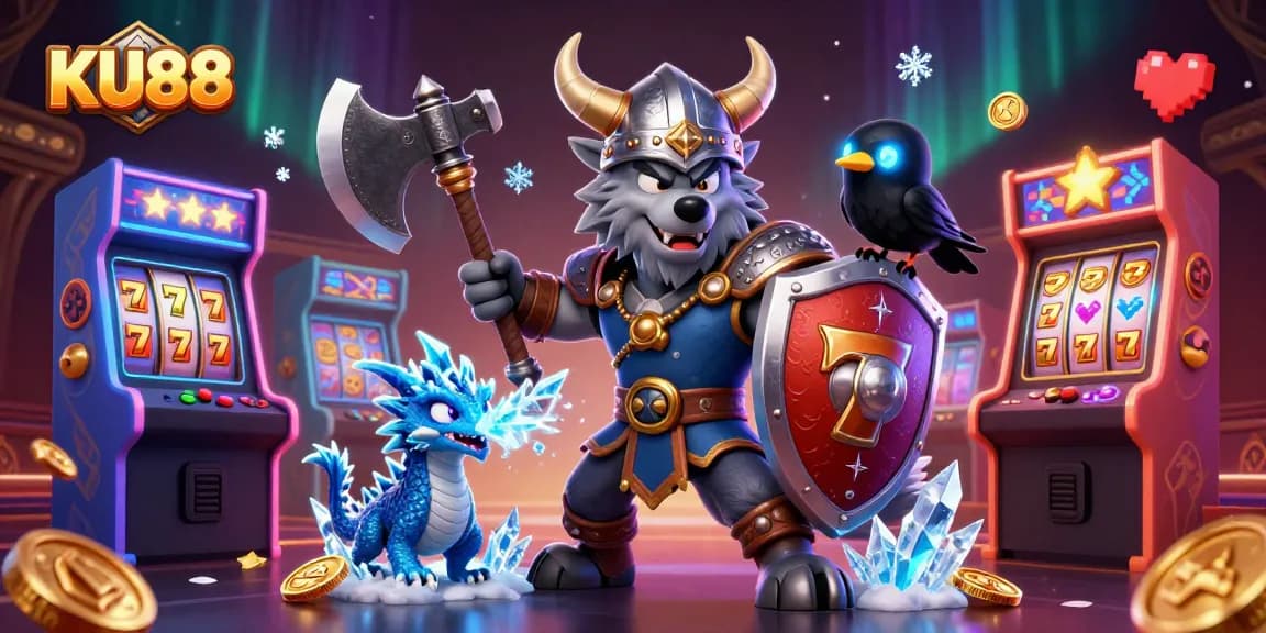 Engage with KU88's exhilarating gaming experience amid vibrant slot reels and dynamic characters.