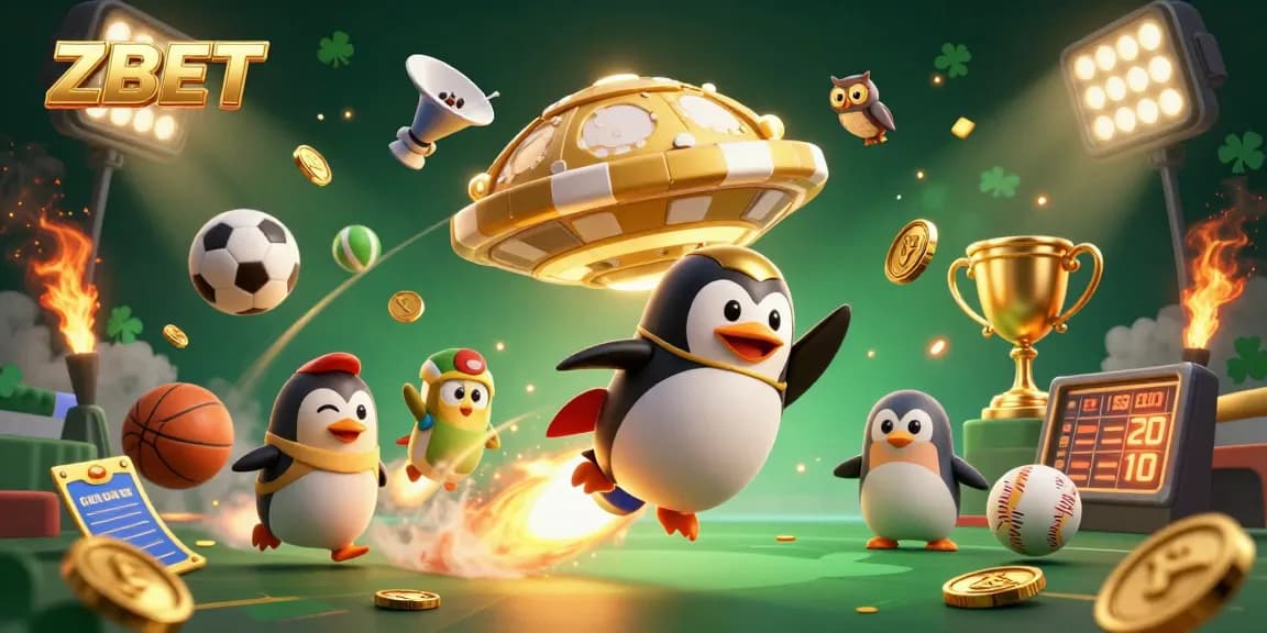 ZBET leads exciting games in a 3D illustration of a golden penguin soaring toward a casino chip.