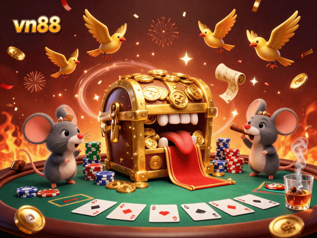 Experience the thrill of vn88 casino with a vibrant 3D illustration of animated treasure characters and poker elements.