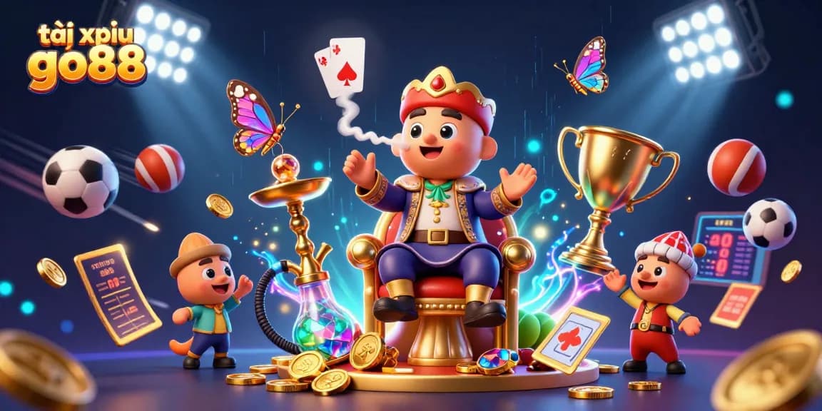 Experience tài xỉu go88 thrills with a vibrant 3D illustration featuring dynamic sports and casino elements.