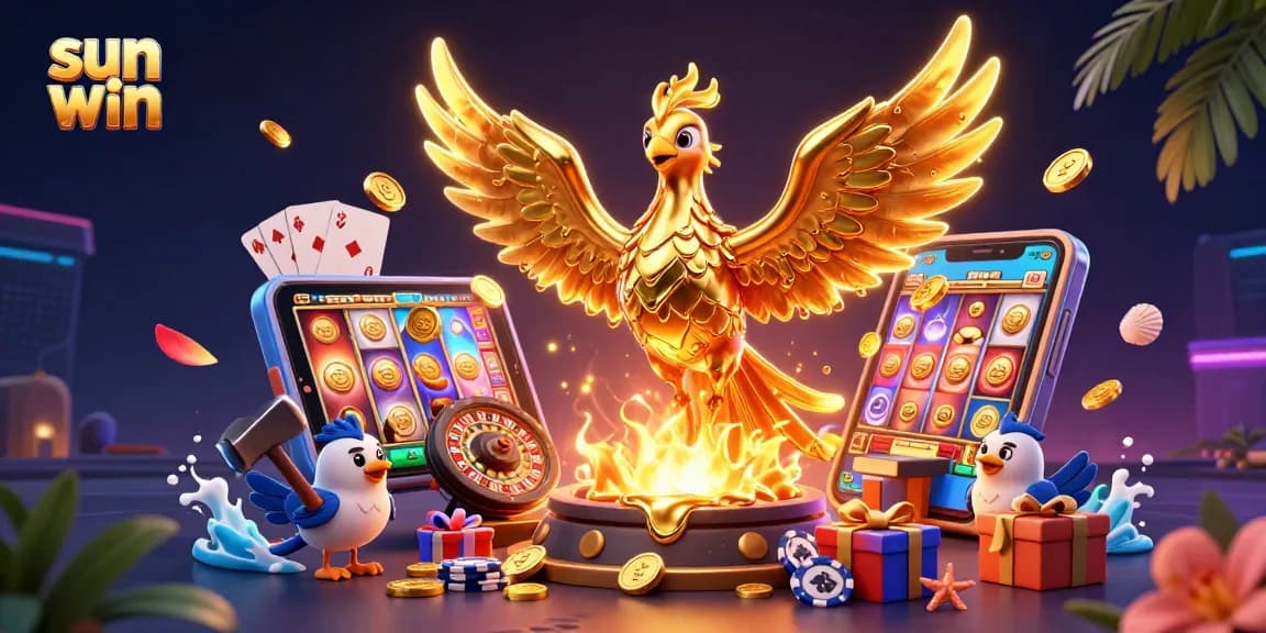 Experience thrilling wins with sun win in this vibrant 3D casino illustration showcasing games and rewards.