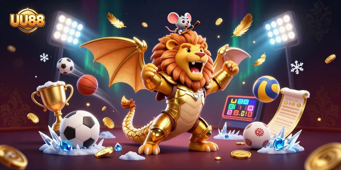 UU88 energizes gaming with a vibrant scene of a chimera and sports elements, showcasing action-packed gambling excitement.