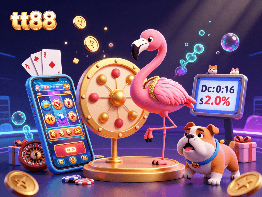 tt88 showcases an exciting online casino scene featuring a game show host flamingo, bulldog contestant, and scoring cat with vibrant game elements.