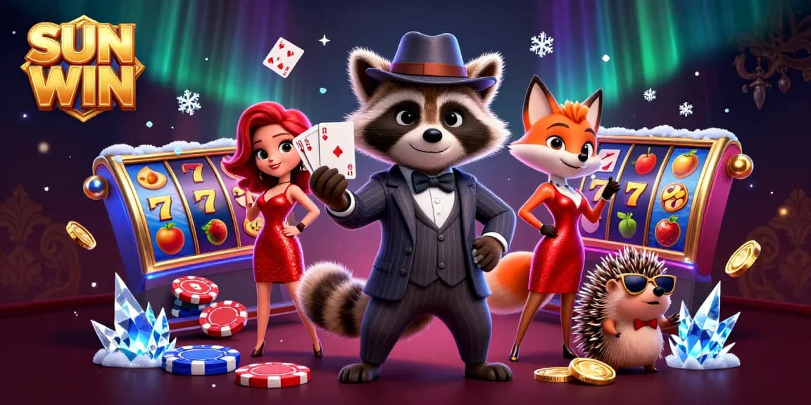 SUN WIN highlights a charming raccoon in a suit winning poker while flanked by a stunning fox lady and a hedgehog bouncer.