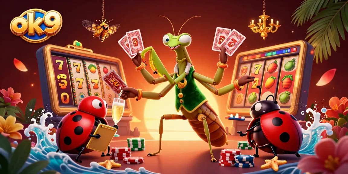 Experience the excitement at ok 9 with a giant praying mantis card sharp and a ladybug pit boss amidst vibrant casino elements.