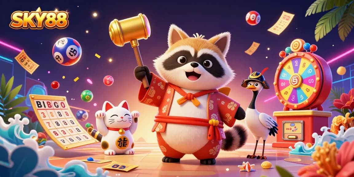 Engage with SKY88’s vibrant gaming scene featuring energetic tanuki, lucky symbols, and exciting lottery action.