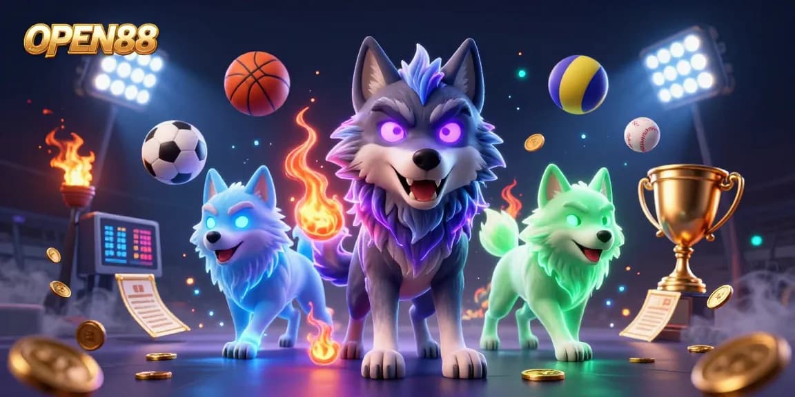 Engage in thrilling sports action with OPEN88's energetic 3D casino illustration featuring vibrant elements.