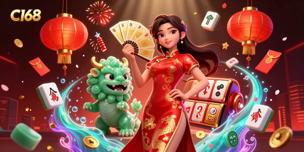 C168 casino scene showcasing a woman in a qipao holding golden playing cards amid vibrant slot machine elements.