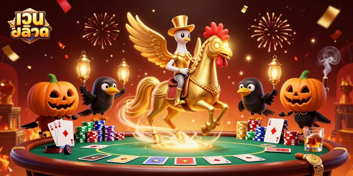 Experience the excitement of เว็บสล็อต with a golden rooster navigating a vibrant casino scene filled with poker elements.