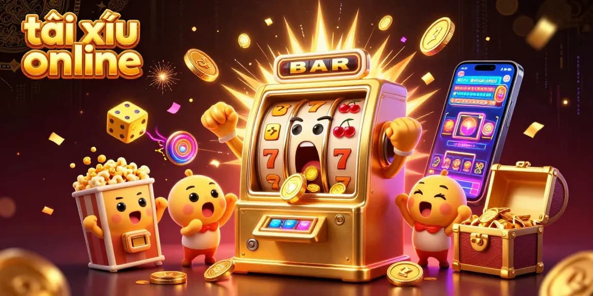 Experience the thrill of tài xỉu online with dynamic scenes of golden slot machines celebrating jackpots and winning moments.