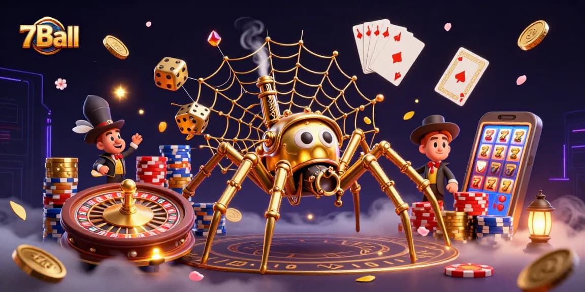 Engage with 7Ball's thrilling casino ambiance featuring a steampunk spider and elegant gaming elements.