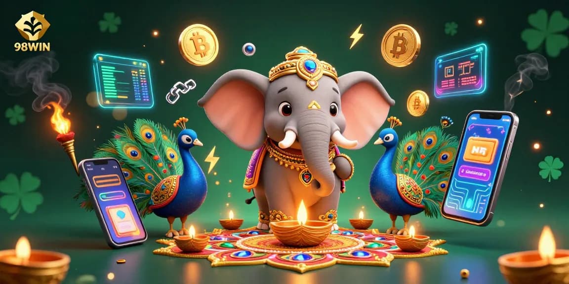 Engage with 98WIN in an exciting online casino scene featuring dynamic game elements like glowing coins and colorful characters.
