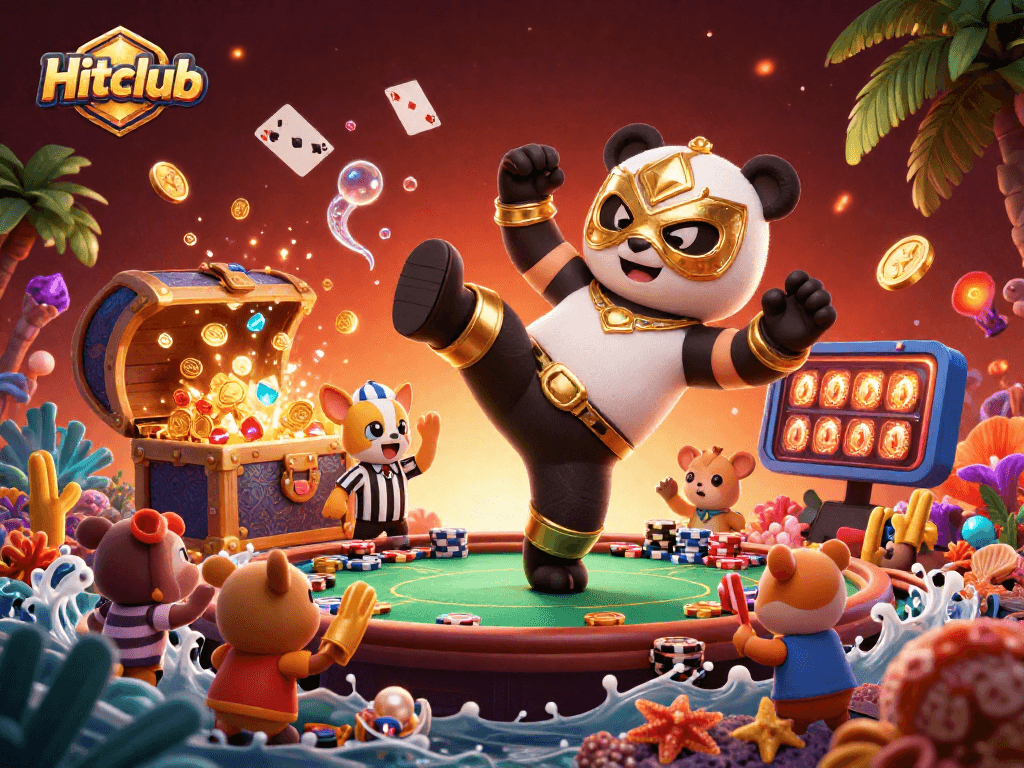 Hitclub showcases a vibrant scene with a wrestler panda and animal spectators cheering at a dynamic casino showdown.
