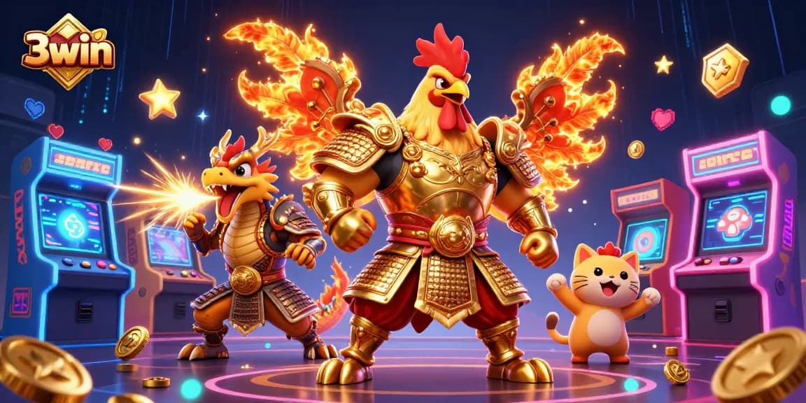 Play with 3win to win big in this vibrant casino scene featuring dynamic characters and exciting game elements.