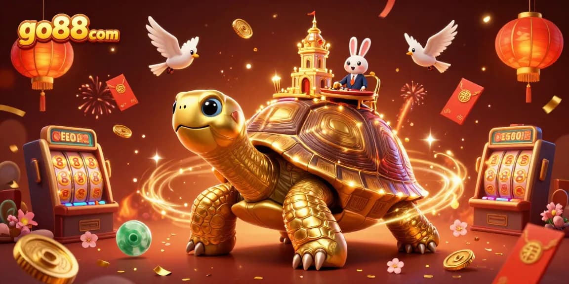 Engage with go88com's thrilling online casino experience featuring a festive 3D golden tortoise and rabbit dealer.