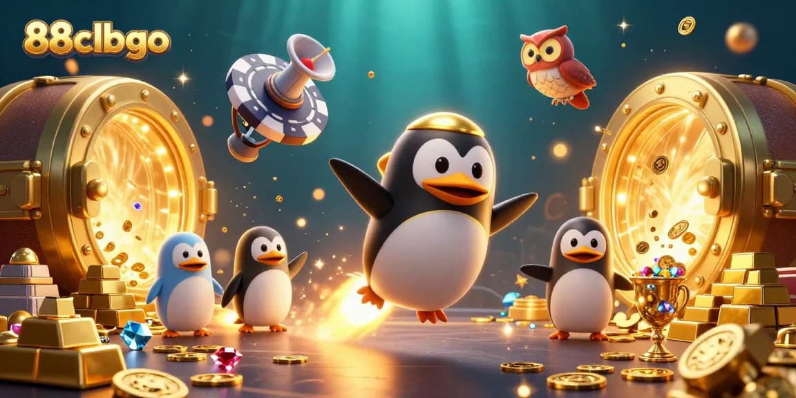 Experience the thrill of winning at 88clbgo with a vibrant 3D casino scene featuring a golden penguin and treasure elements.
