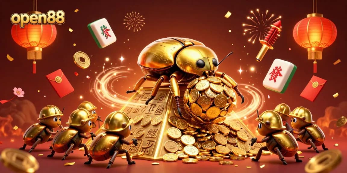 Experience the vibrant excitement of open88 with a golden dung beetle and casino symbols in a 3D celebration.