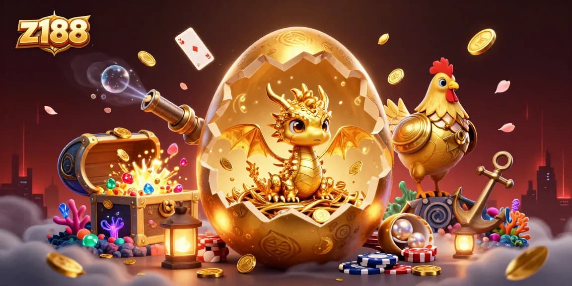 Experience z188's vibrant gaming world with a golden dragon and poker chips in a dynamic 3D scene.