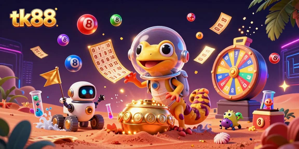 Experience thrilling gaming at tk88 with a Martian gecko discovering a golden casino amidst vibrant lottery elements.