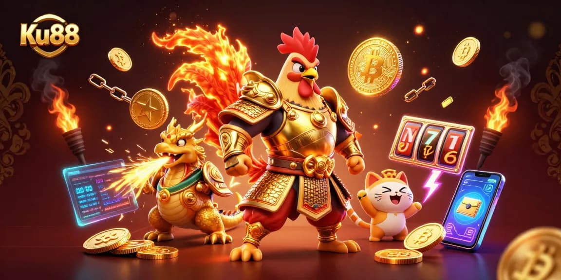 Experience excitement at Ku88 with a dynamic scene of a rooster warrior, dragon hatchling, and lucky cat in a vibrant casino.
