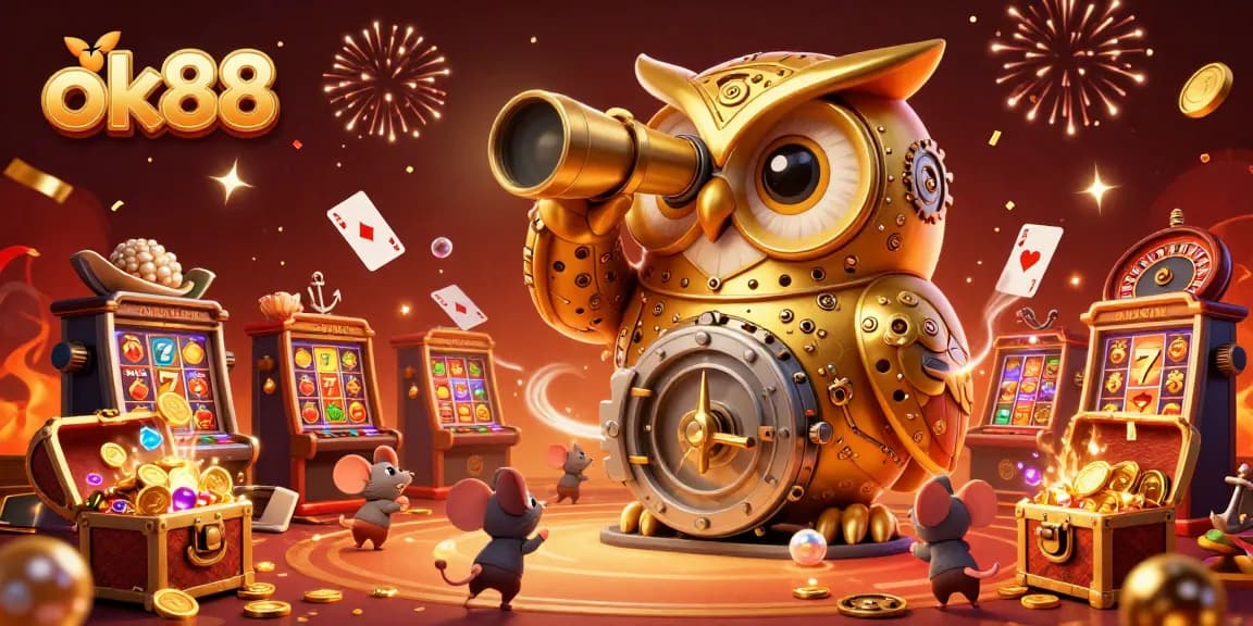 Experience the thrills of ok88 with a vibrant 3D casino scene featuring engaging slot machines and whimsical characters.