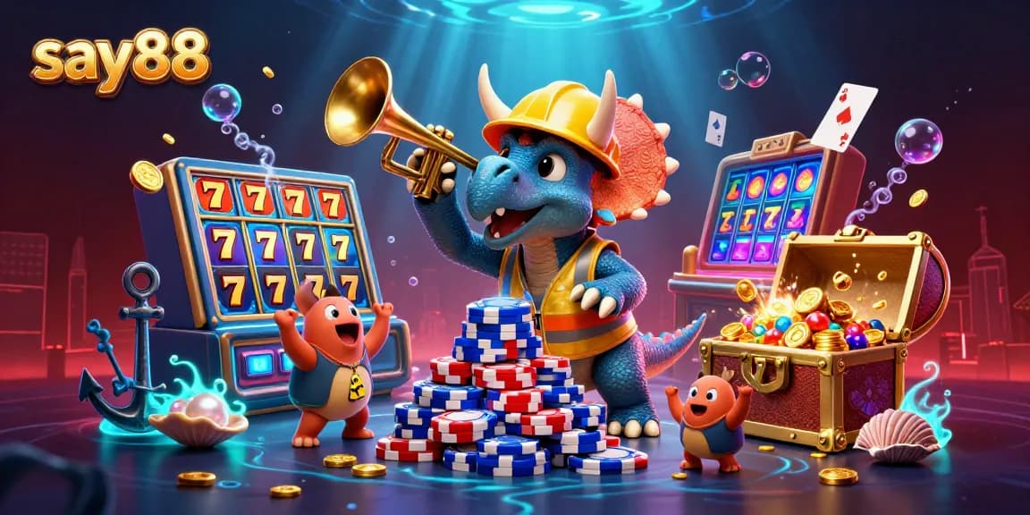 Engage with say88's vibrant casino scene where a triceratops builds poker chips, celebrating with friends among glowing treasures.