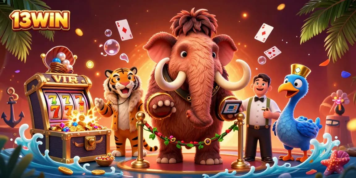 Experience thrilling gameplay with 13WIN featuring a vibrant casino scene with unique characters and slot machines.