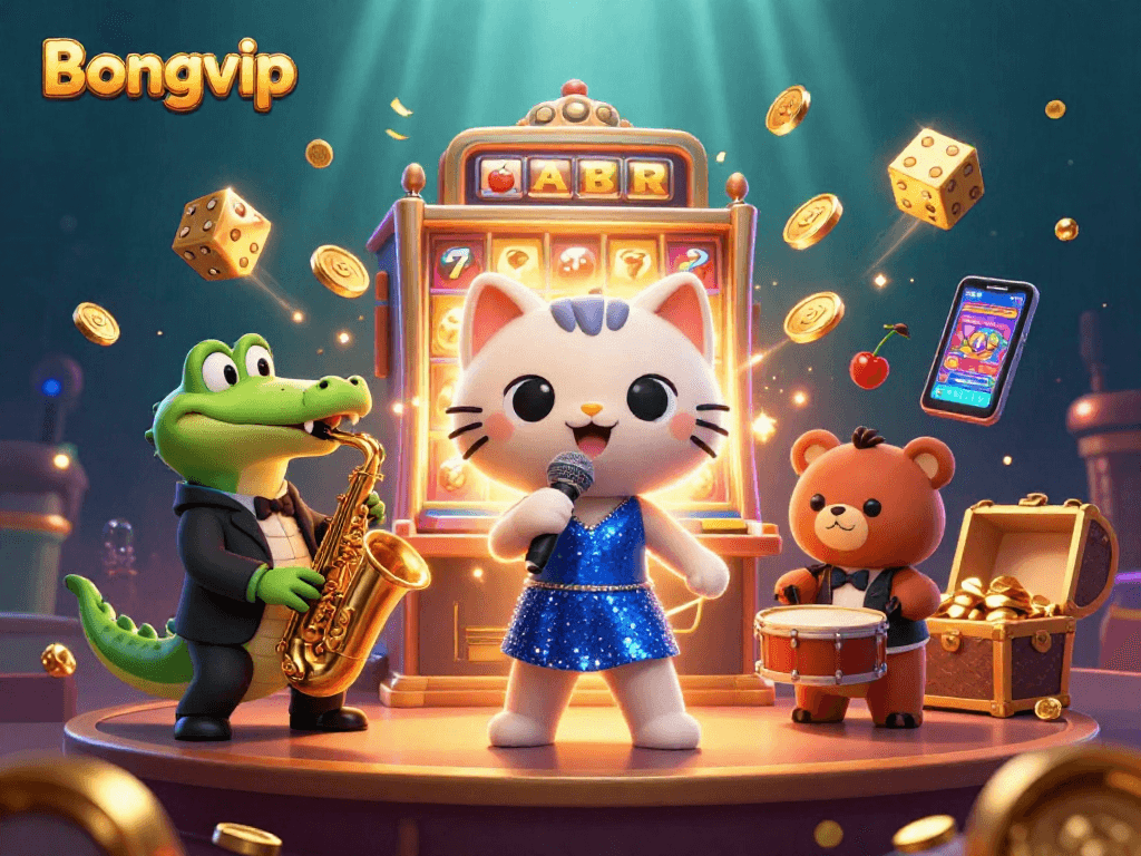 Bongvip casino scene featuring a jazz-singer cat, crocodile musician, and bear drummer among vibrant slot machine actions.
