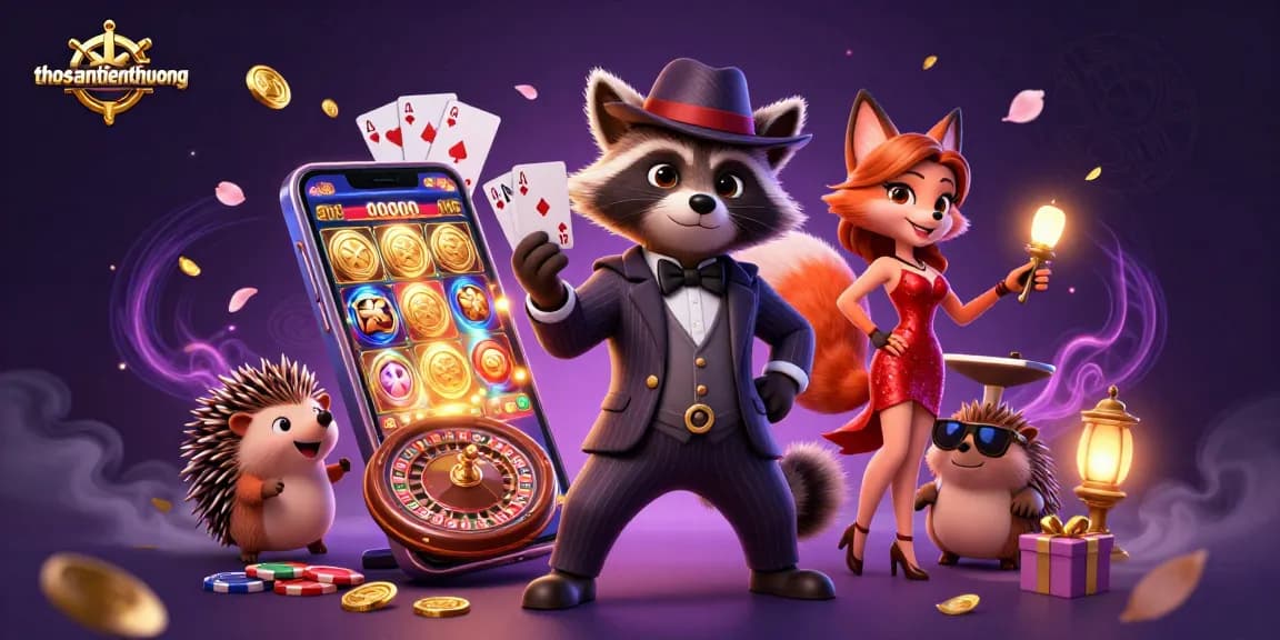 Engage in thosantienthuong to win big with a charming raccoon, fox, and hedgehog in a vibrant casino scene.