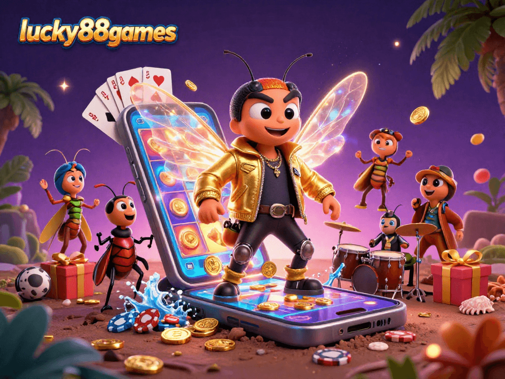 Spin the reels with lucky88games in a vibrant 3D illustration featuring a rock star and casino elements.