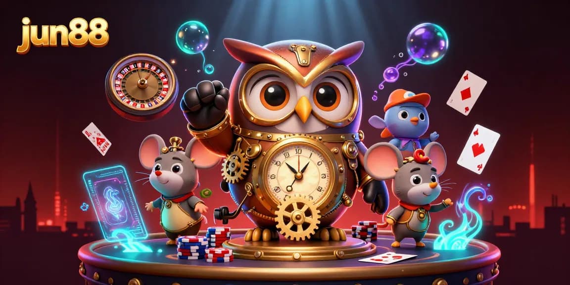 Experience the thrill of jun88 casino with a time-traveler owl and sparkling game elements.