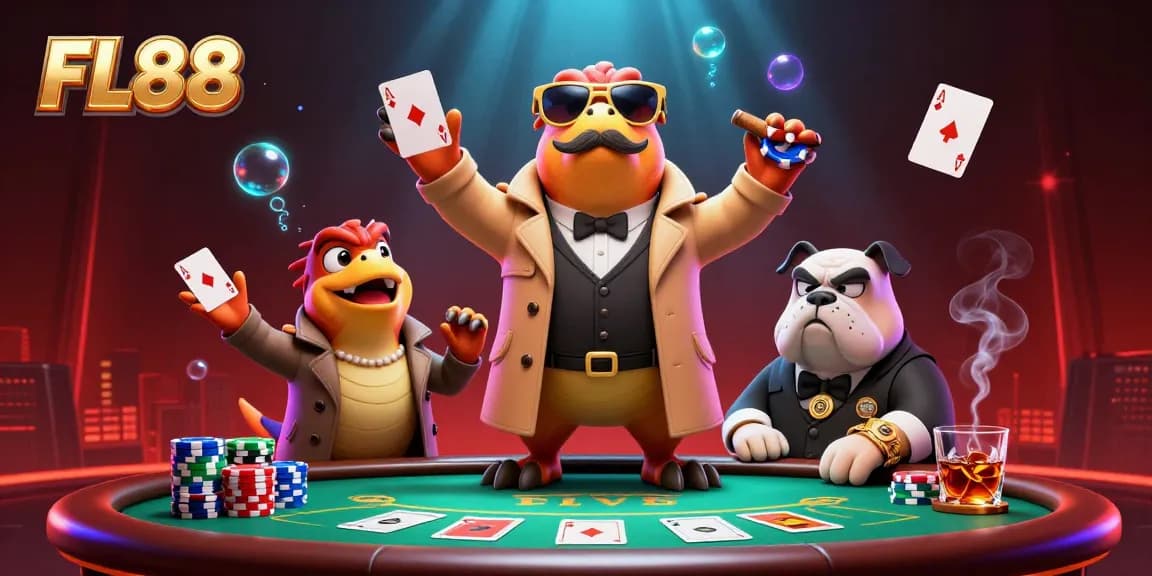 Experience FL88's thrilling casino scene with raptors in disguise, poker chips, and a vivid ambiance.