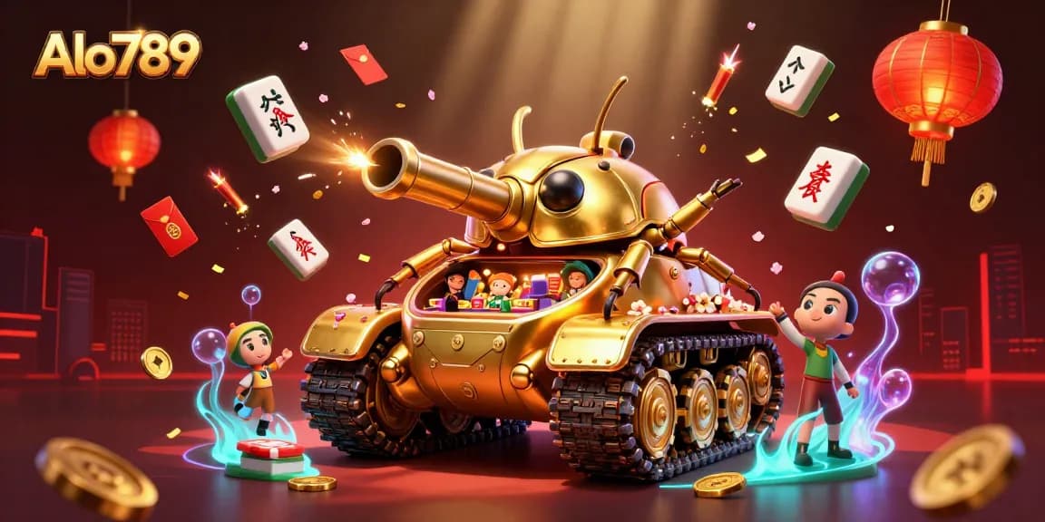 Alo789 showcases a massive golden beetle tank revealing a dynamic casino scene, celebrating online gambling.