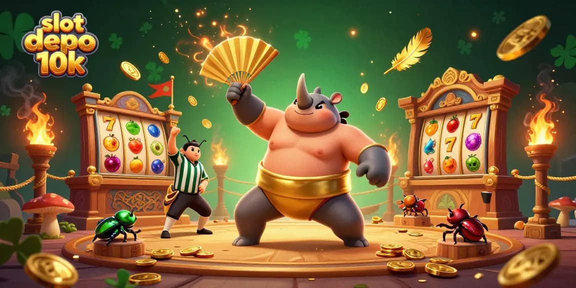 Engage with slot depo 10k through a thrilling 3D cartoon scene featuring a powerful beetle and gambling elements.