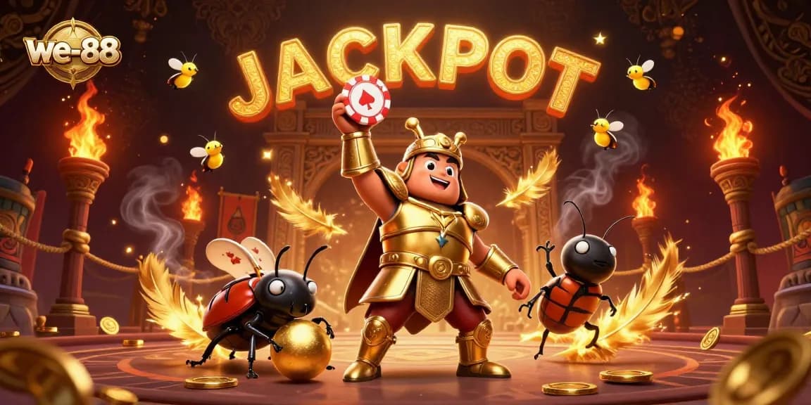 Experience excitement at we-88 with a cartoon beetle lifting a poker chip amidst a thrilling casino scene.