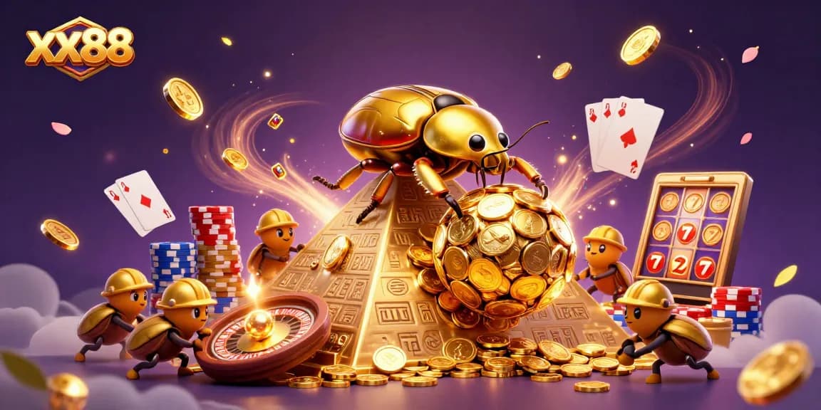 xx88 showcases a golden dung beetle amidst cascading coins and casino elements in a vibrant gaming scene.