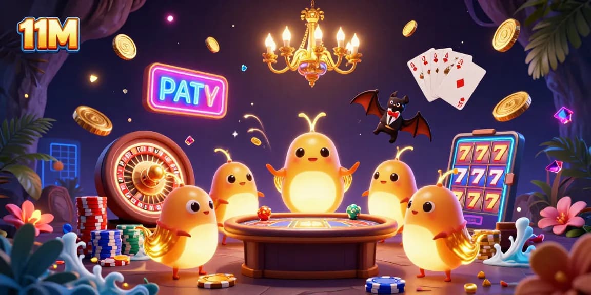 Engage with 11M's vibrant 3D casino scene featuring glowworms and a bat dealer amidst thrilling gaming elements.