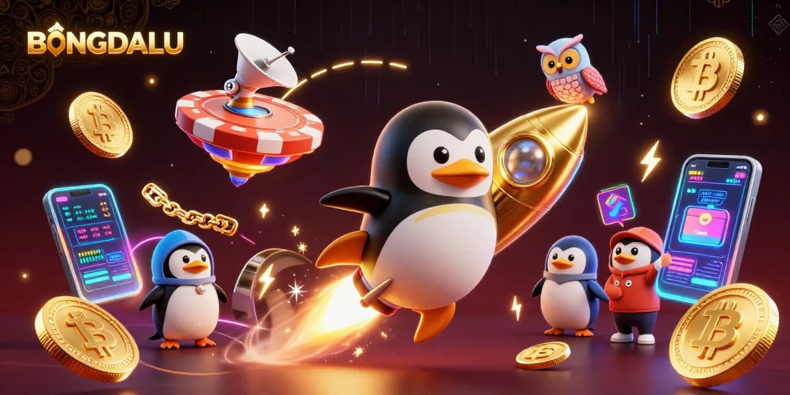 BONGDALU showcases a golden penguin blasting through space towards a poker-chip casino, enriching the digital betting landscape.