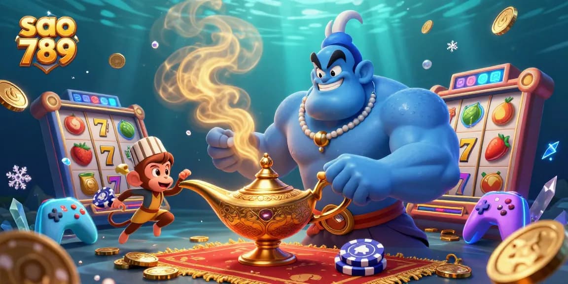 Sao 789 genie-themed illustration showcasing a dynamic online gaming scene with vibrant casino elements.