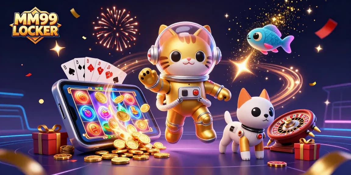Experience thrilling gaming at MM99 LOCKER with cartoon characters amidst vibrant casino elements.